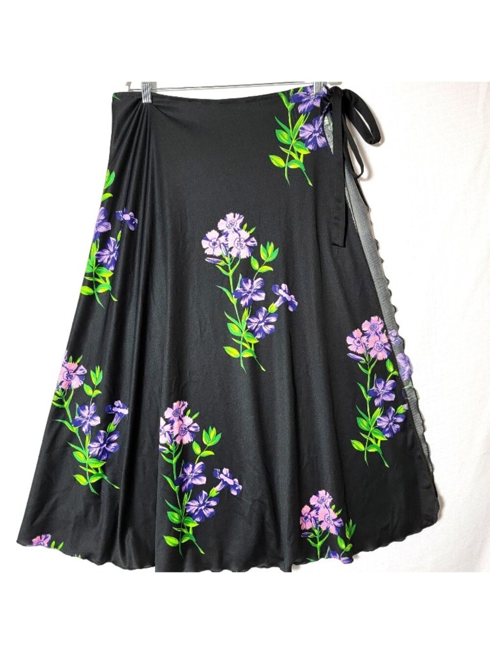 Vintage Midi Wrap Skirt Womens One Size Tie Open From Waist to Hem Black Purple